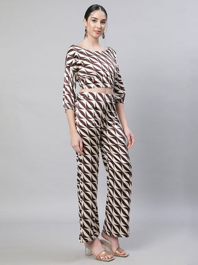Women Brown Oval Neck Printed  Co-ord Set