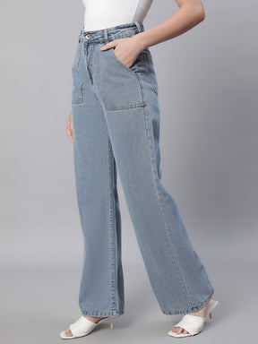 Women Light Blue Flared Leg Stretchable Jeans