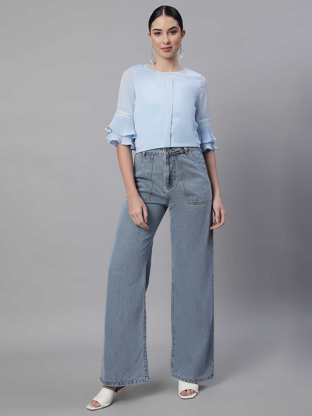Women Light Blue Flared Leg Stretchable Jeans