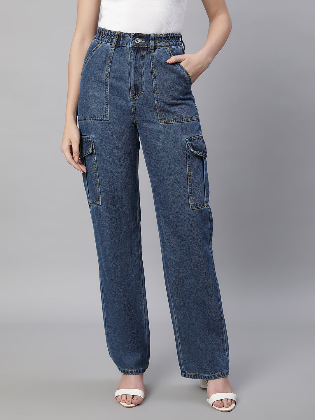 Women Mom-Fit Straight Leg Stretchable Dark Blue Jeans
