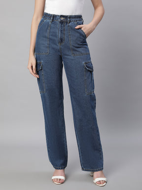 Women Mom-Fit Straight Leg Stretchable Dark Blue Jeans