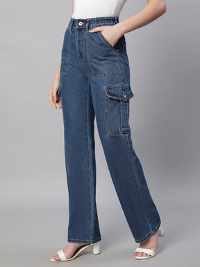 Women Mom-Fit Straight Leg Stretchable Dark Blue Jeans