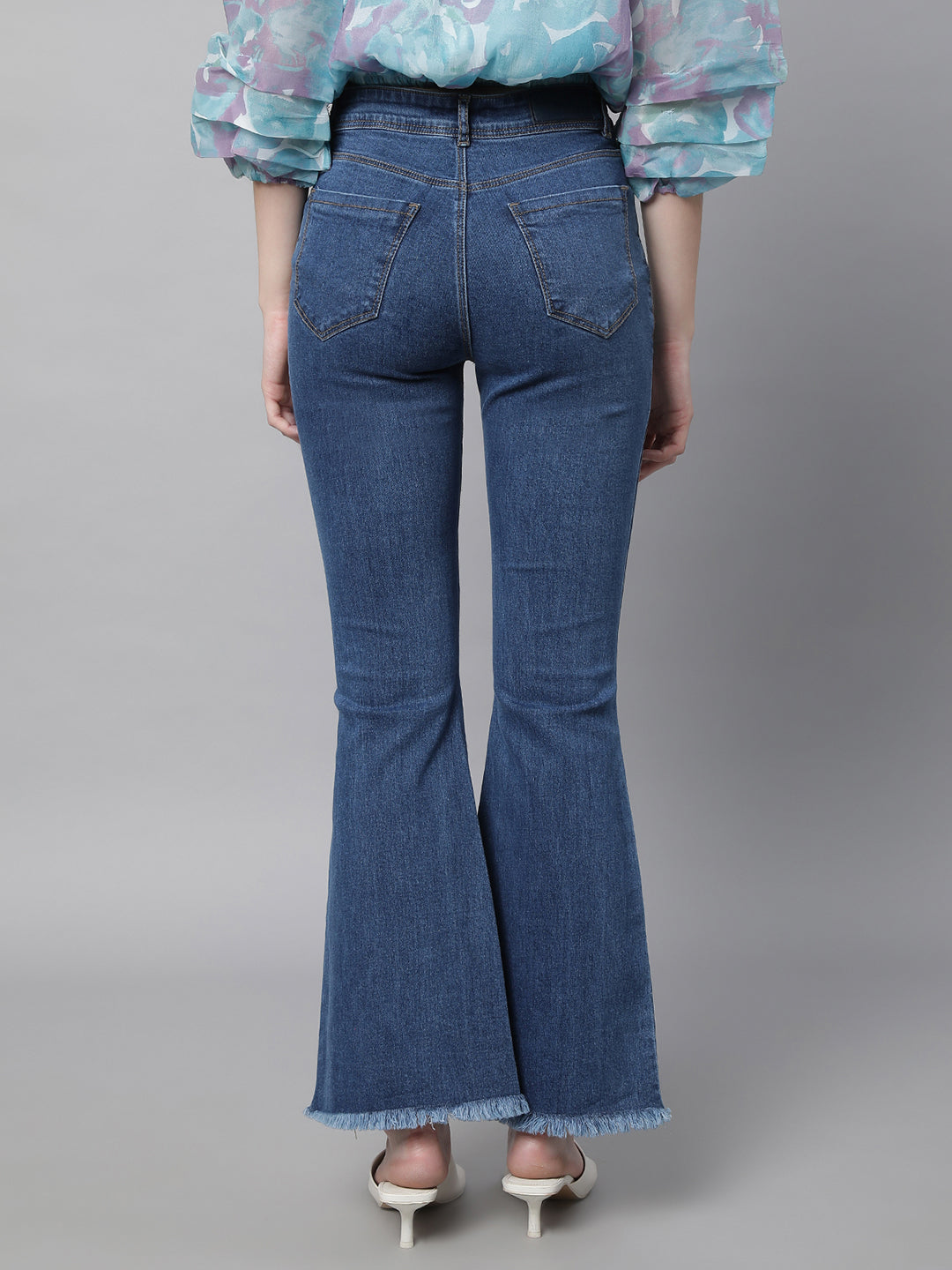Women Mid Rise Skin Fit Bell Bottom Blue Jeans