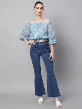 Women High Rise Slim Fit Bell Bottom Blue Jeans