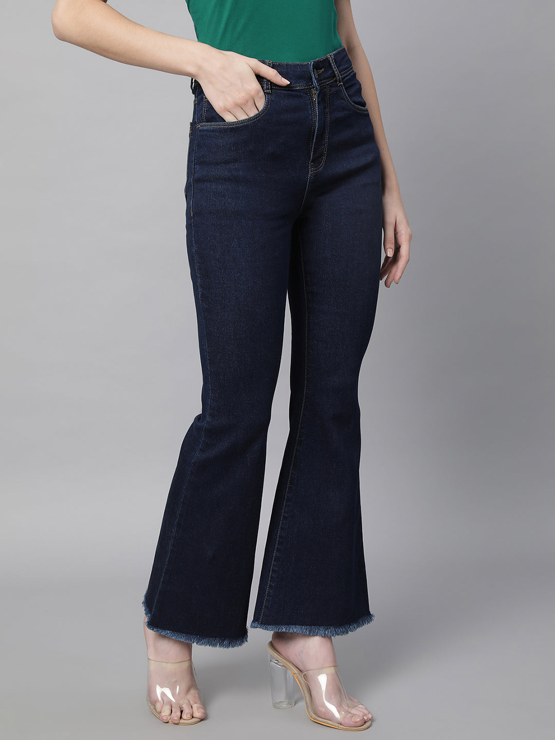 Women Raw Blue Bell-Bottom Ankle Length Jeans