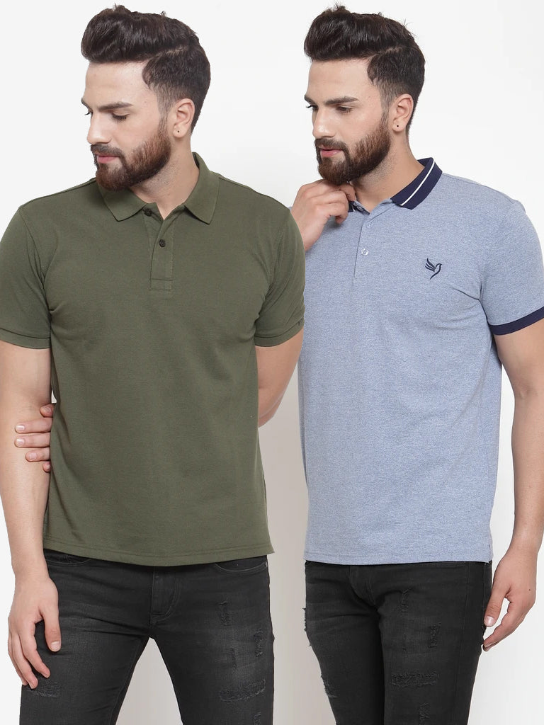 Mens Plain Olive And Sky Combo Of 2 Collar T-Shirts