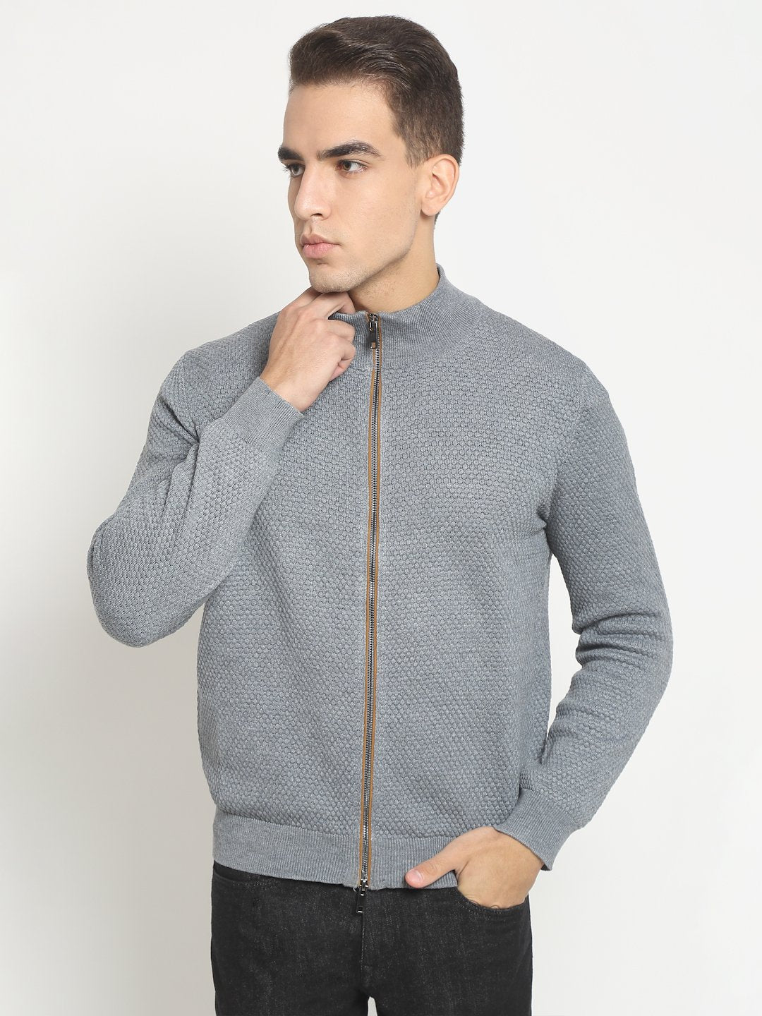Men Grey High Neck KNIT Solid Pullover