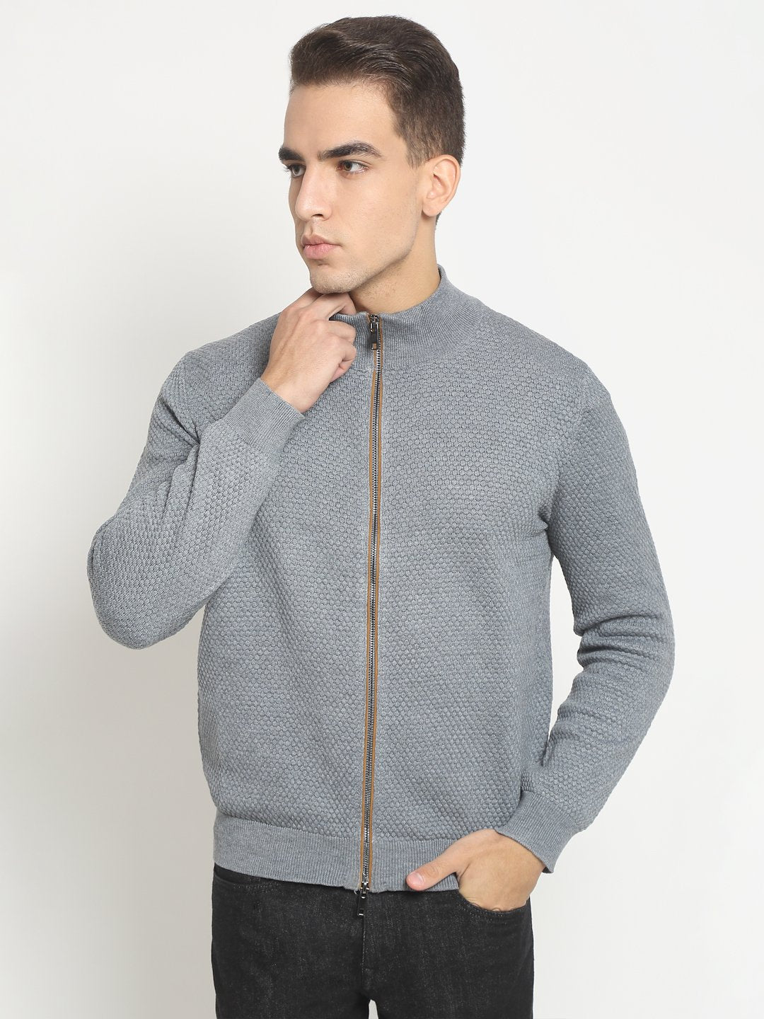 Men Grey High Neck Knitted Solid Pullover