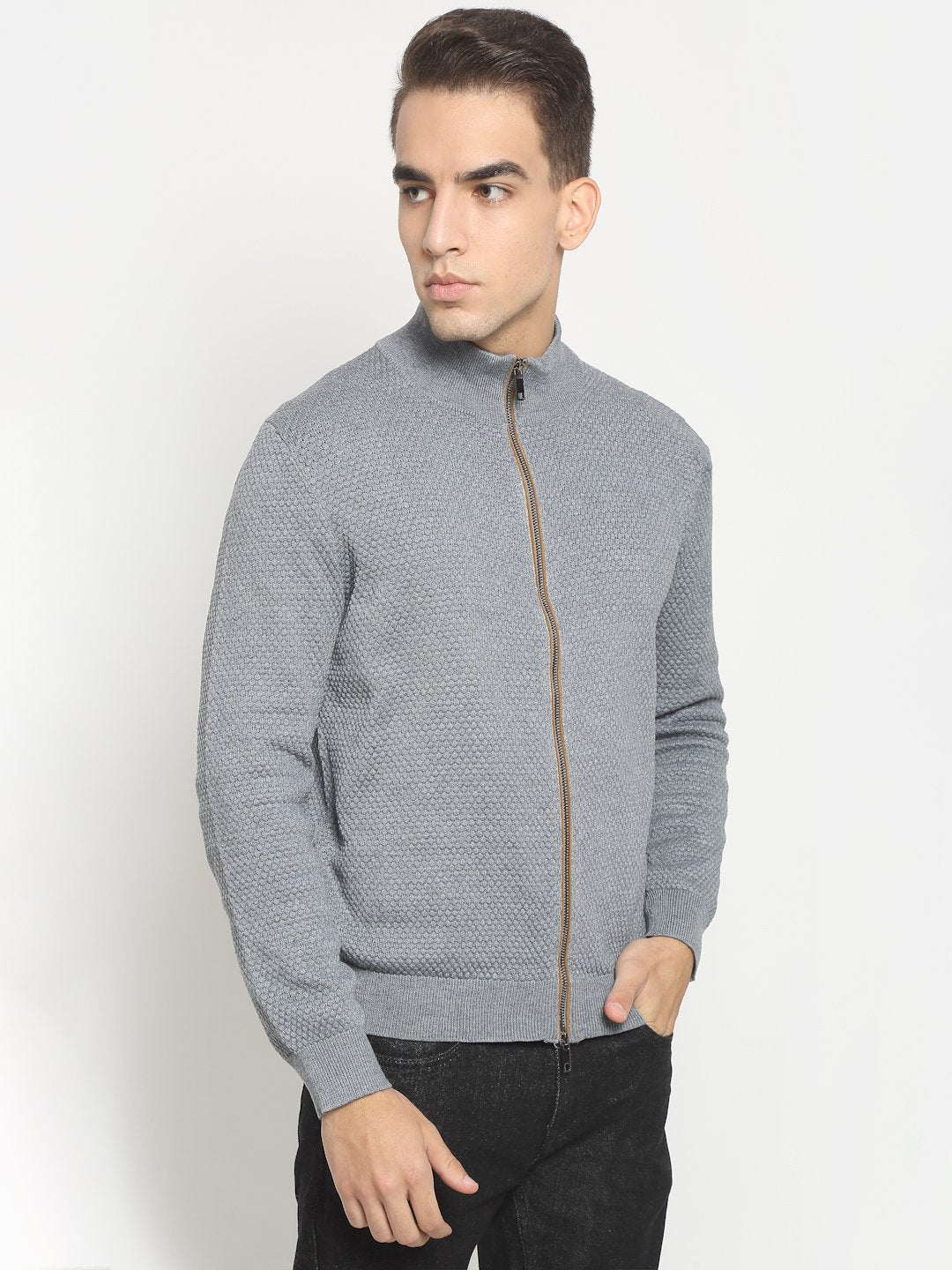 Men Grey High Neck Knitted Solid Pullover