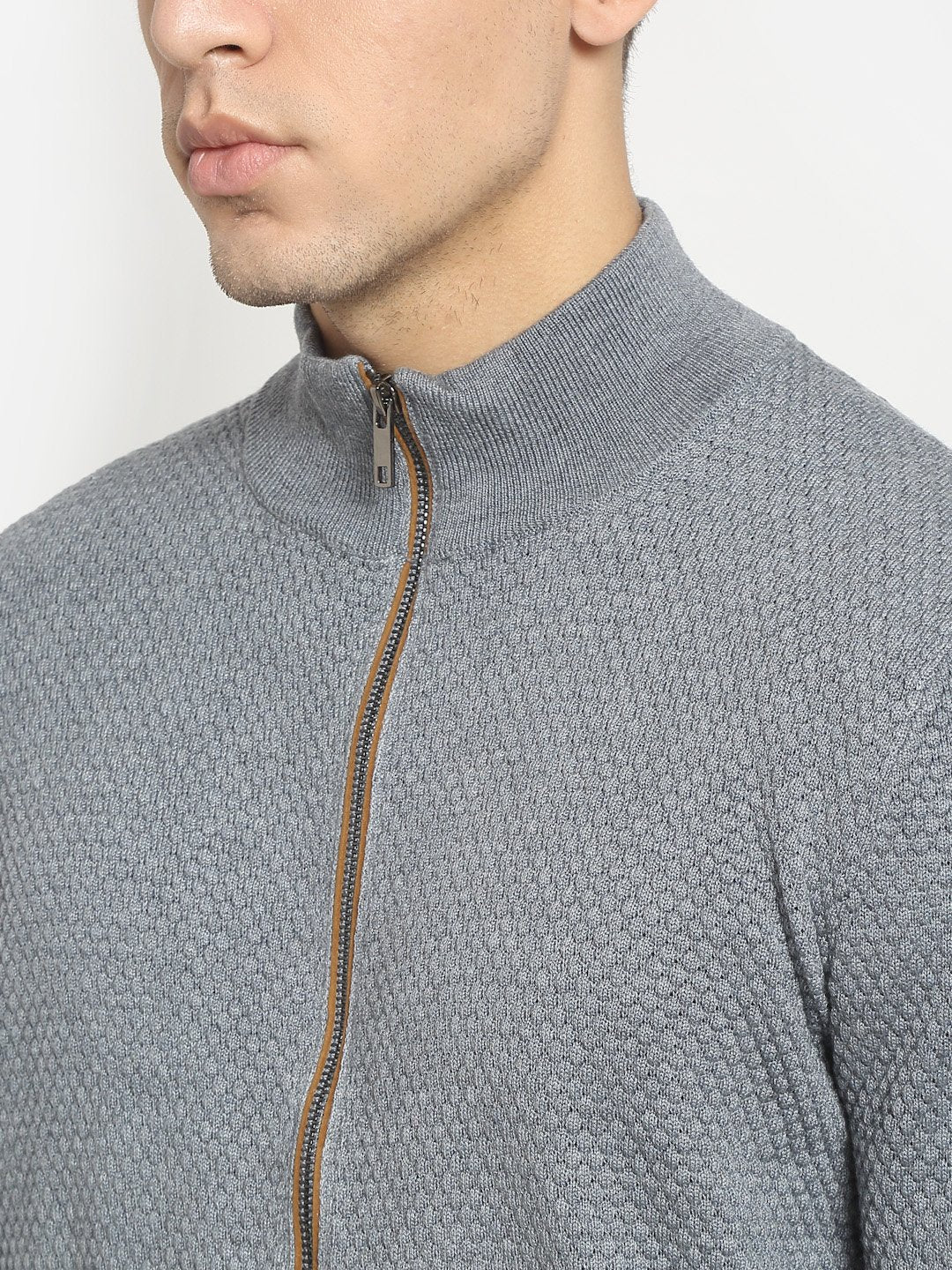 Men Grey High Neck Knitted Solid Pullover