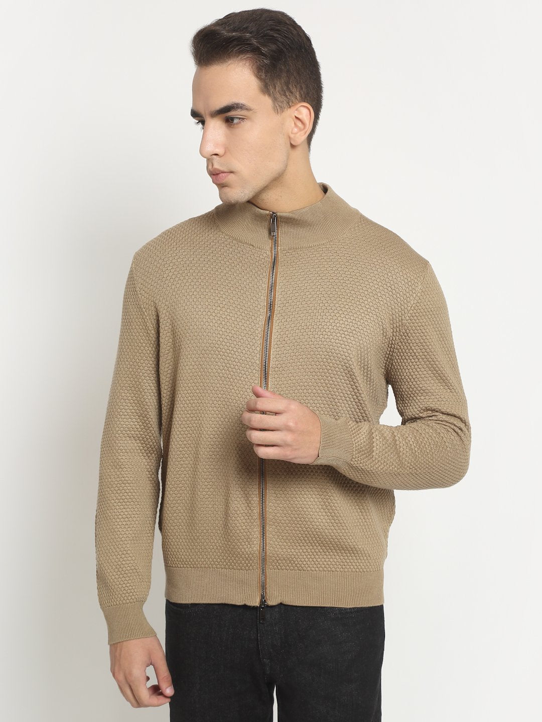 Men Khaki High Neck KNIT Solid Pullover