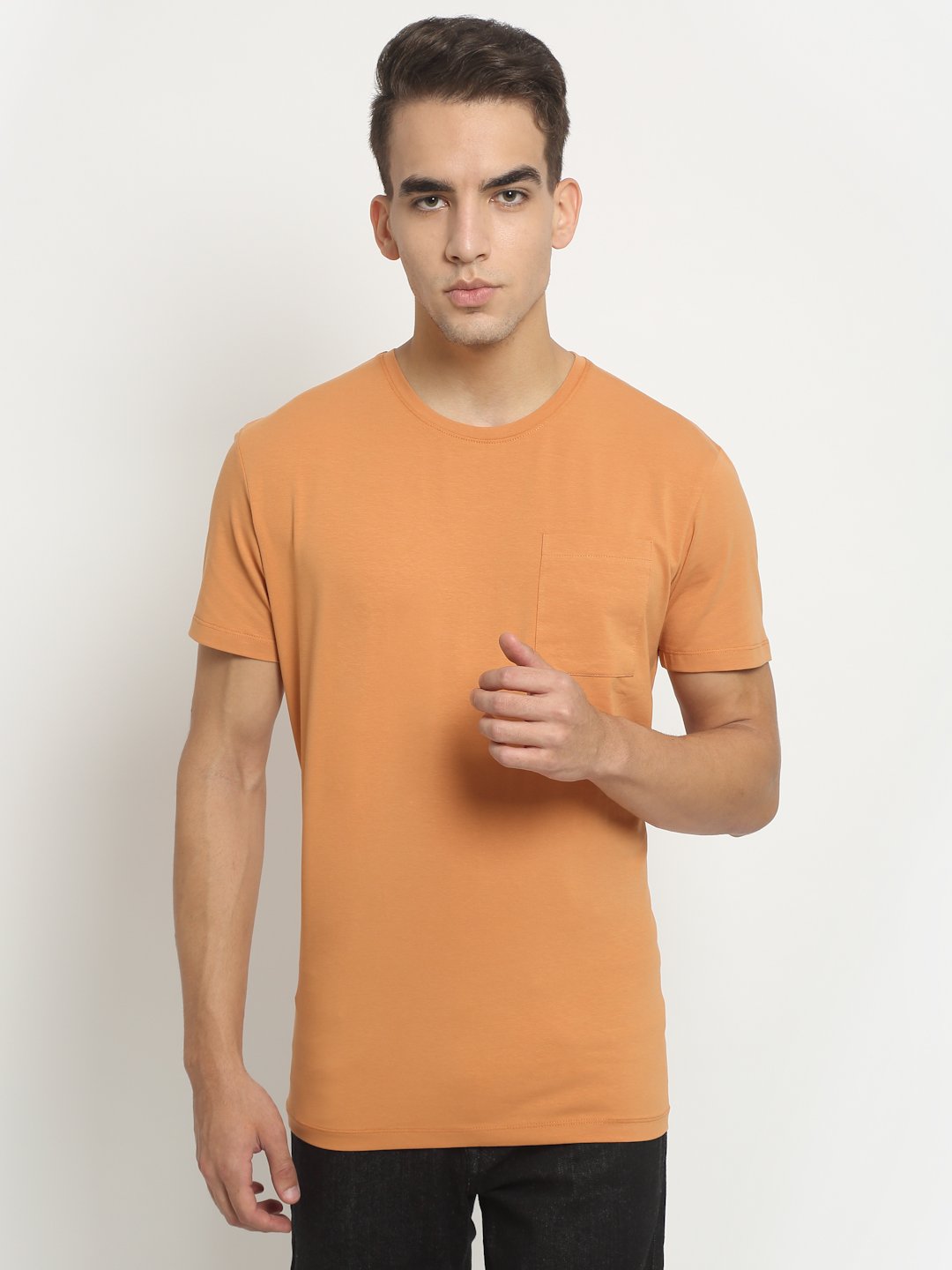 Men Orange Round Neck Cotton Solid T-Shirt