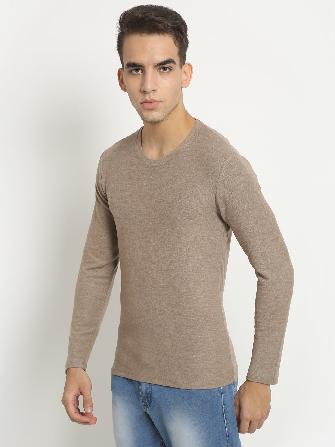 Men Khaki Round Neck Solid T-Shirt