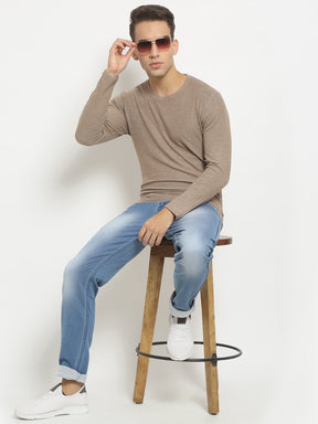 Men Khaki Round Neck Solid T-Shirt