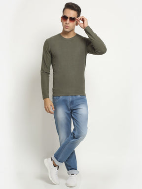 Men Olive Round Neck Solid T-Shirt