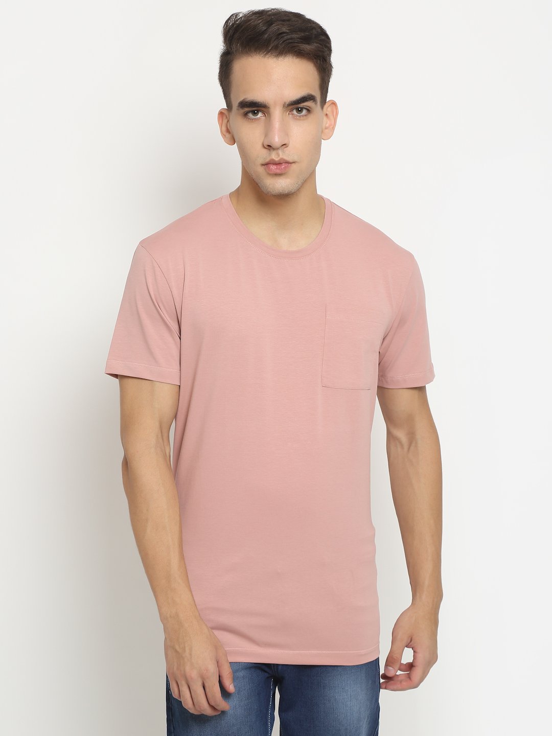 Men Pink Round Neck Cotton Solid T-Shirt - Global Republic