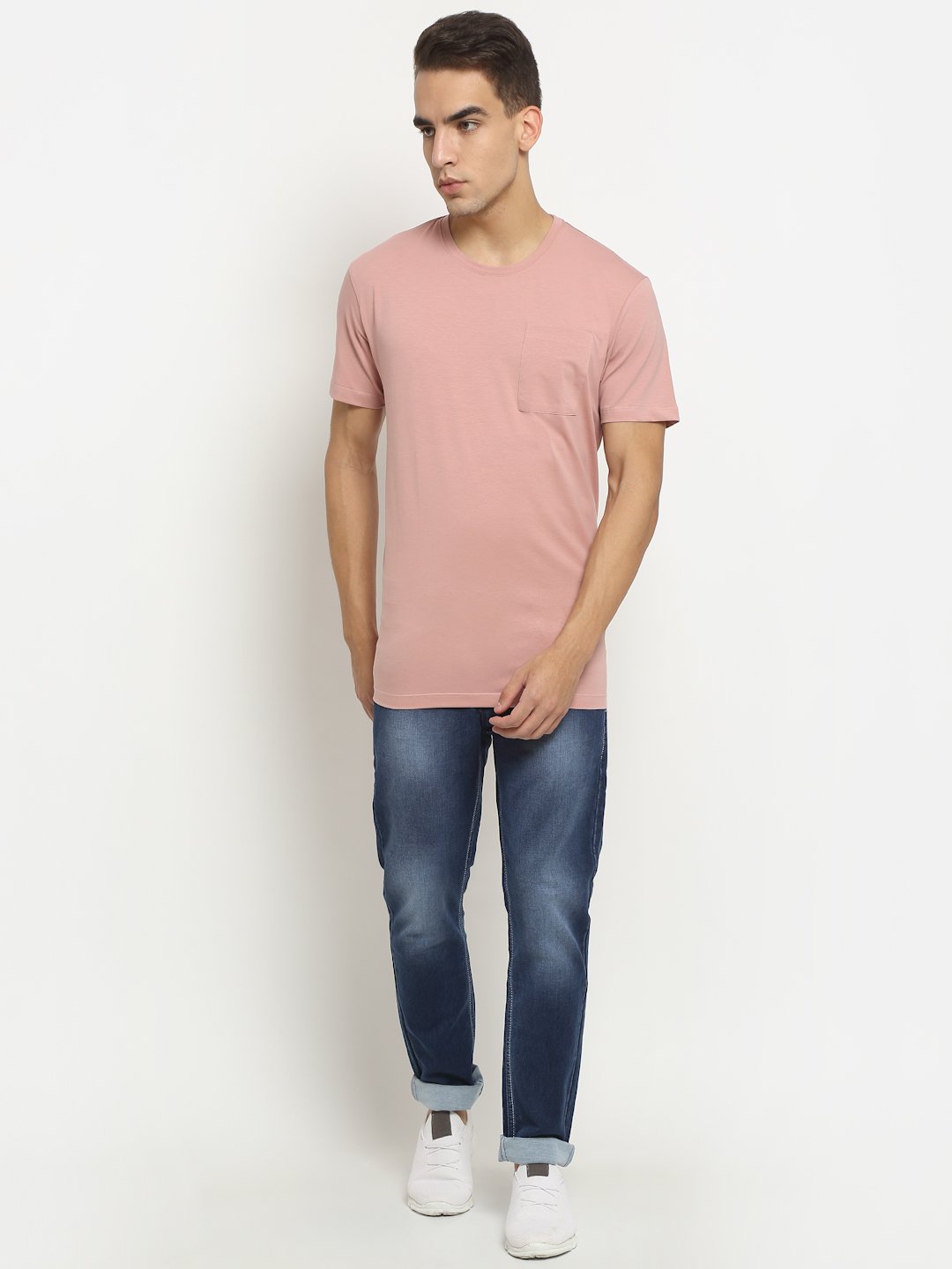 Men Pink Round Neck Cotton Solid T-Shirt - Global Republic