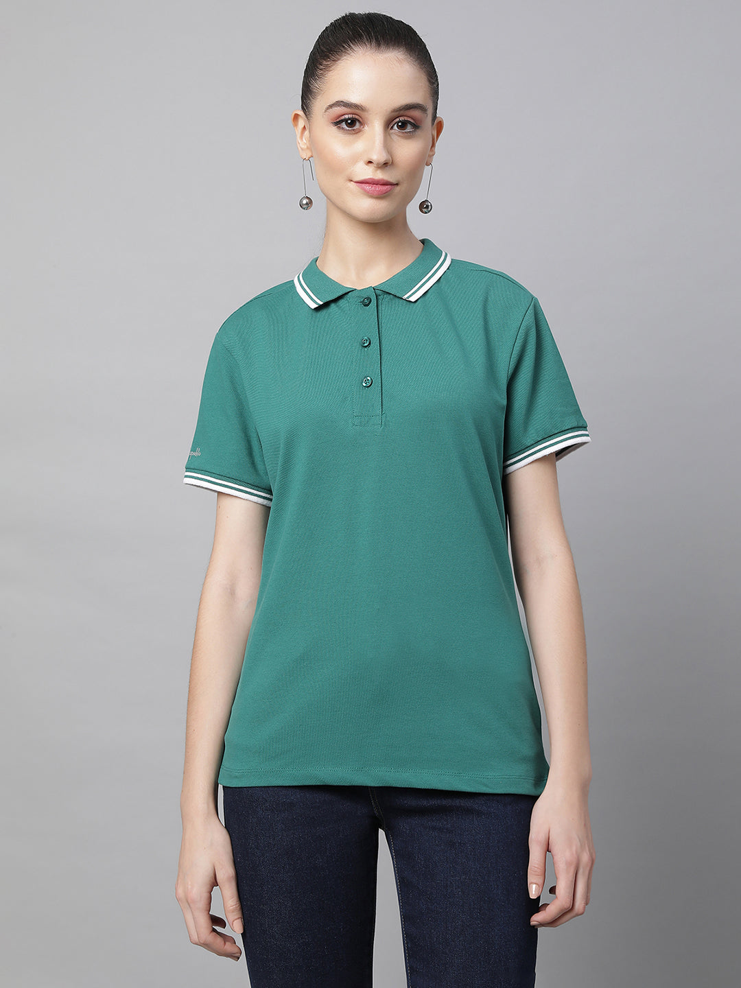 women bottle green cotton solid top