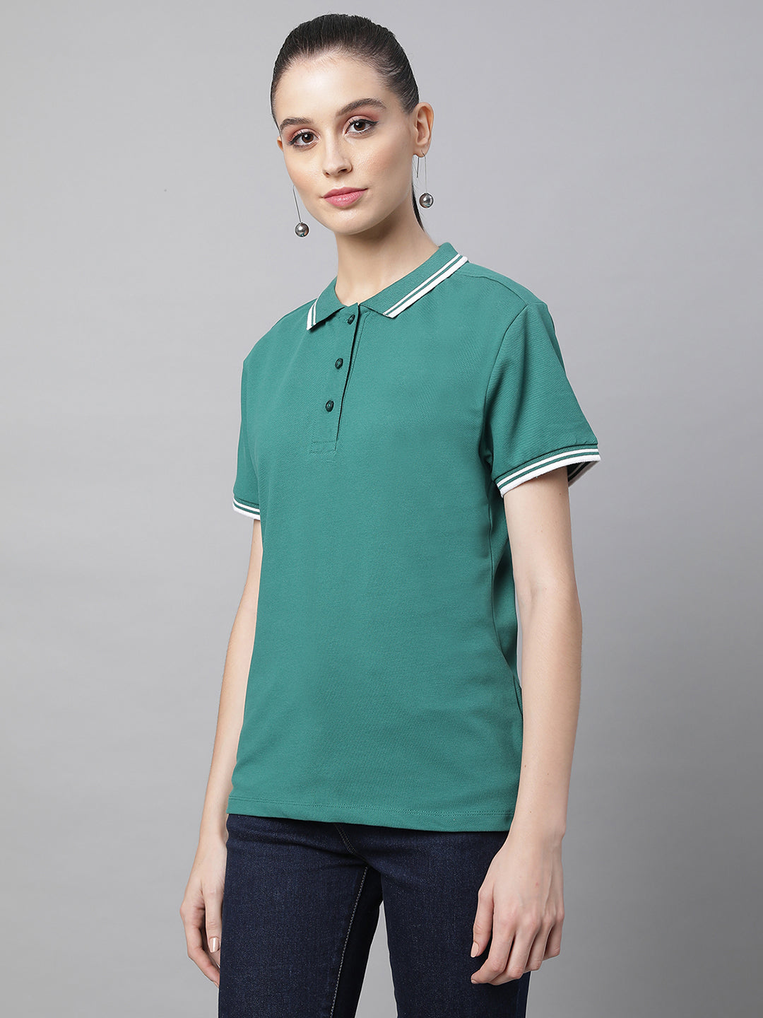 women bottle green cotton solid top