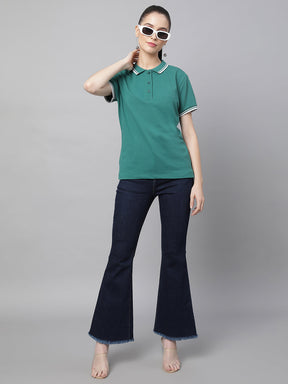 women bottle green cotton solid top