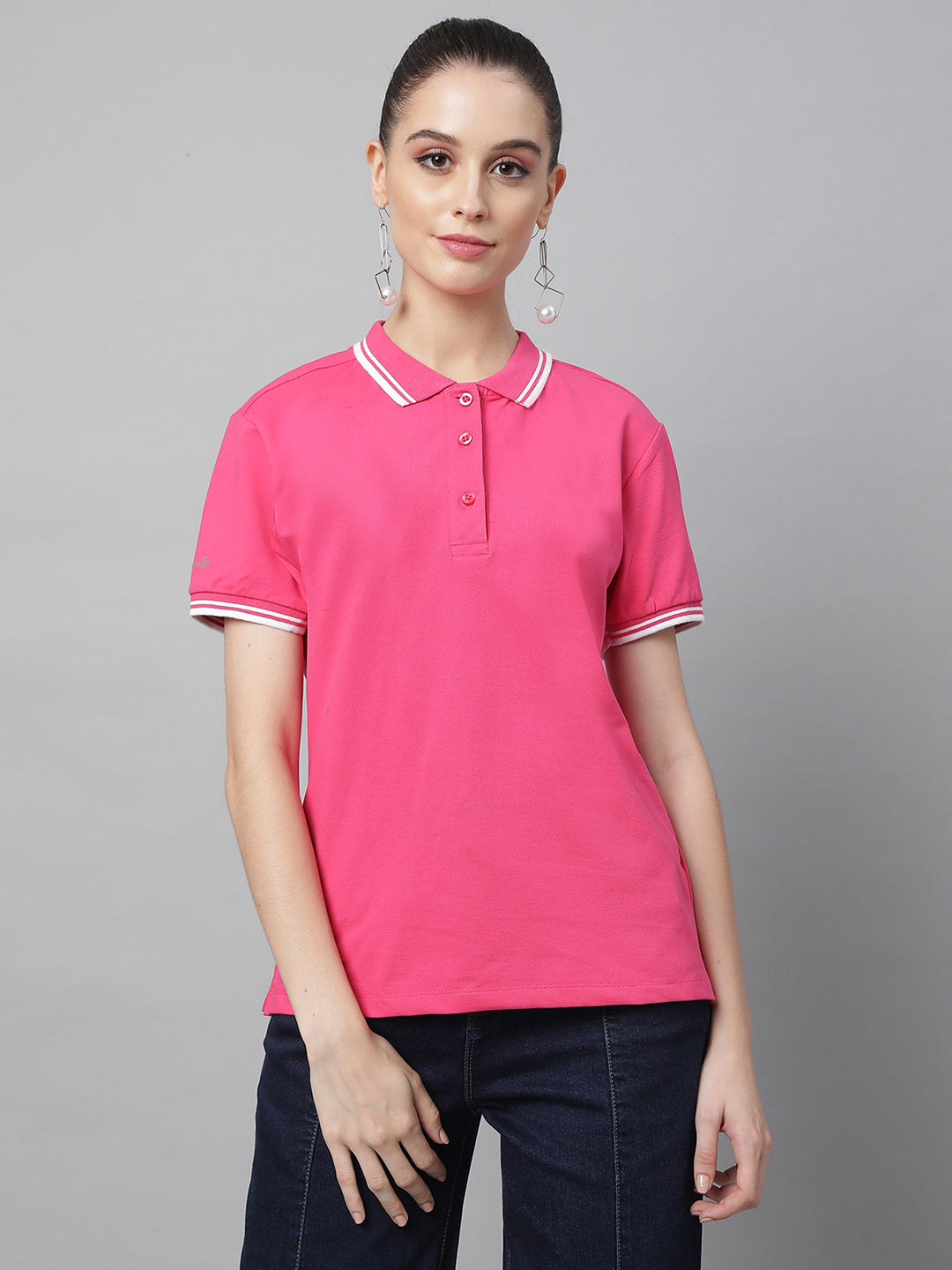Pink Polo Neck T Shirts For Women Women Pink Solid Collar Half