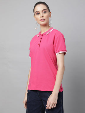 women hot pink cotton solid top