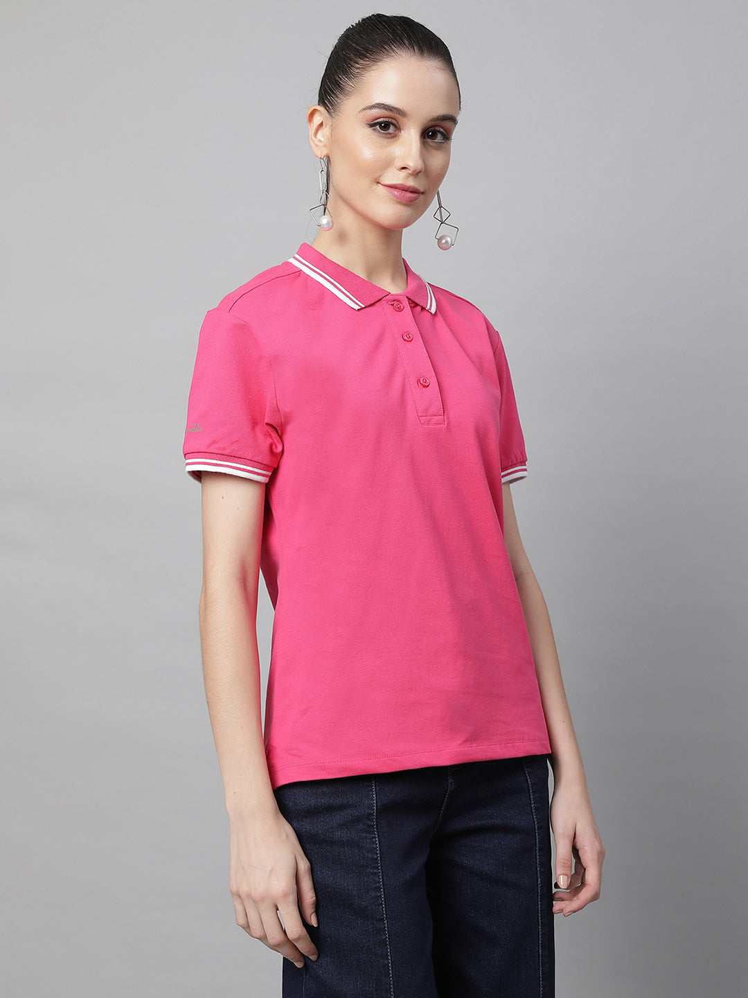 women hot pink cotton solid top