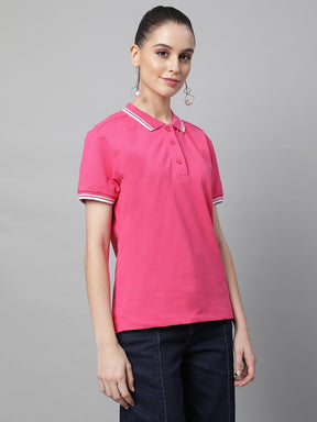 women hot pink cotton solid top