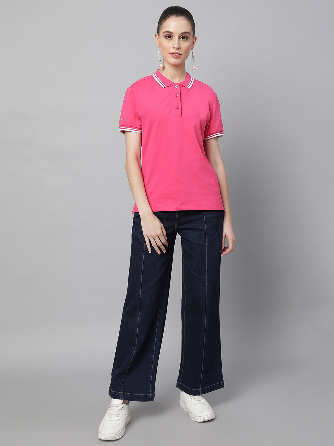 women hot pink cotton solid top