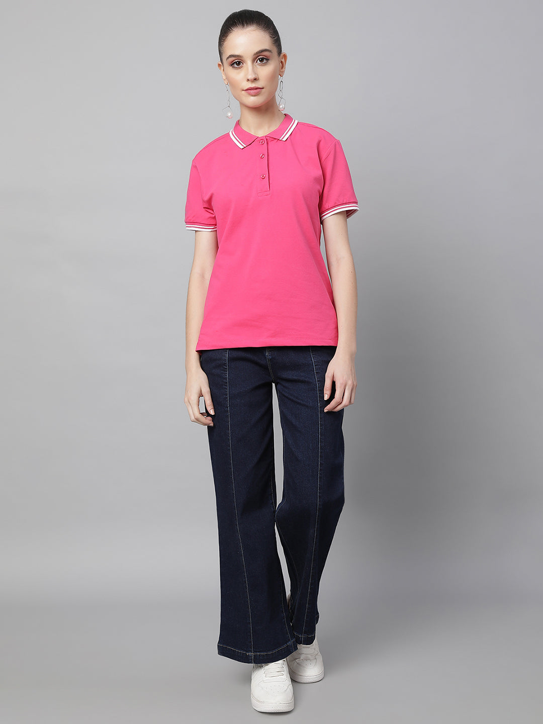 women hot pink cotton solid top