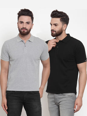 Mens Plain Grey And Black Combo Of 2 Polo T-Shirts