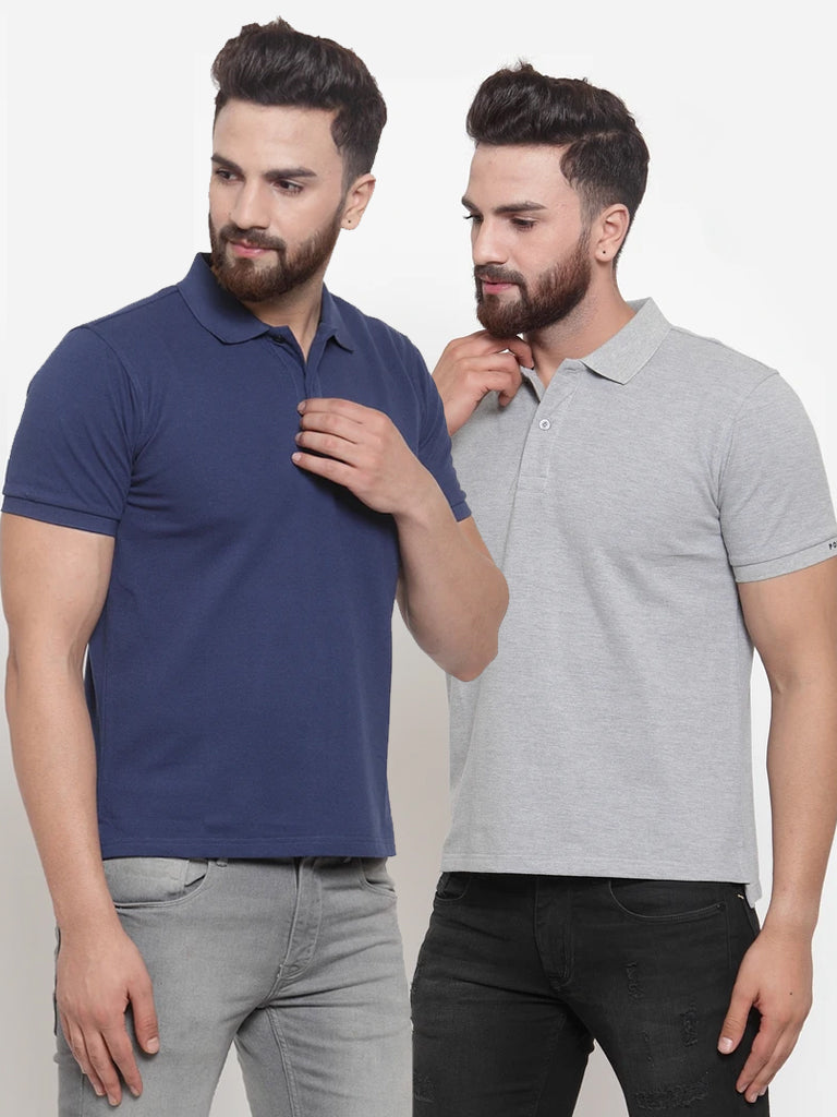 Mens Plain Indigo And Grey Combo Of 2 Polo T-Shirts