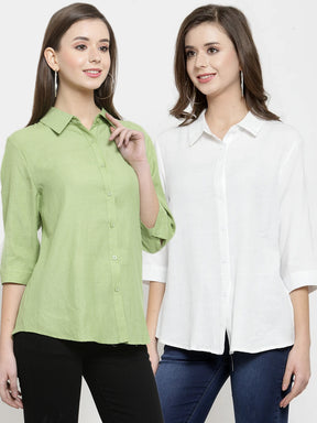 Women Plain Lime And White Combo Of 2 Collar Shirt