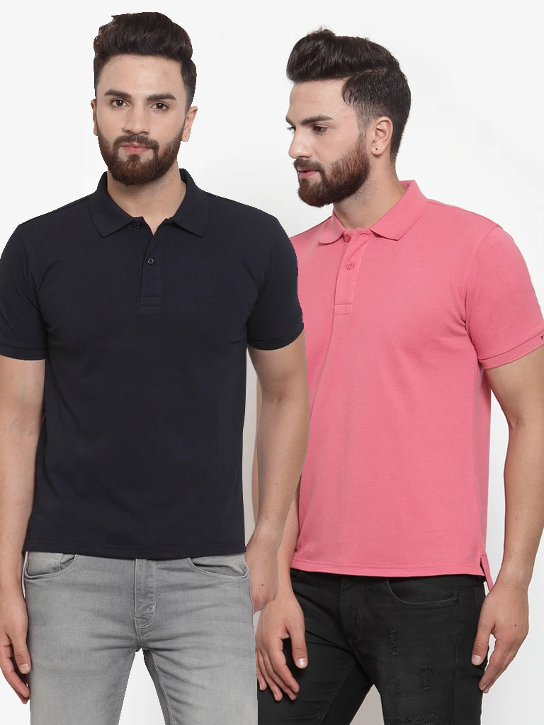Mens Plain Navy And Pink Combo Of 2 Polo T-Shirts