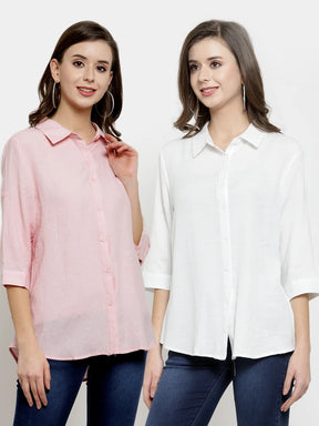 Women Plain Pink And White Combo Of 2 Collar Shirt