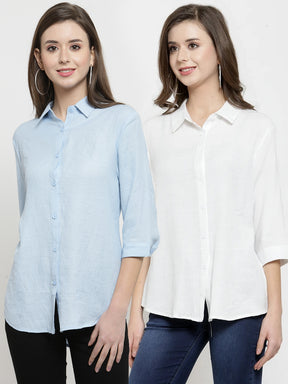 Women Plain Sky And White Combo Of 2 Collar Shirt