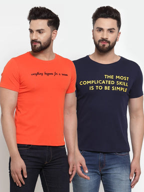 Mens Printed Orange And Navy Combo Of 2 T-Shirts