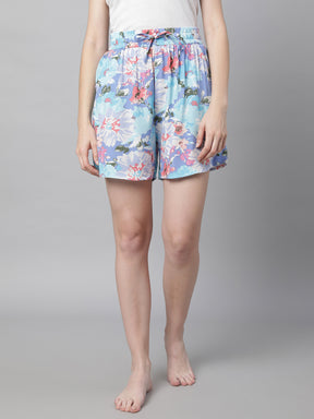 women blue rayon printed shorts