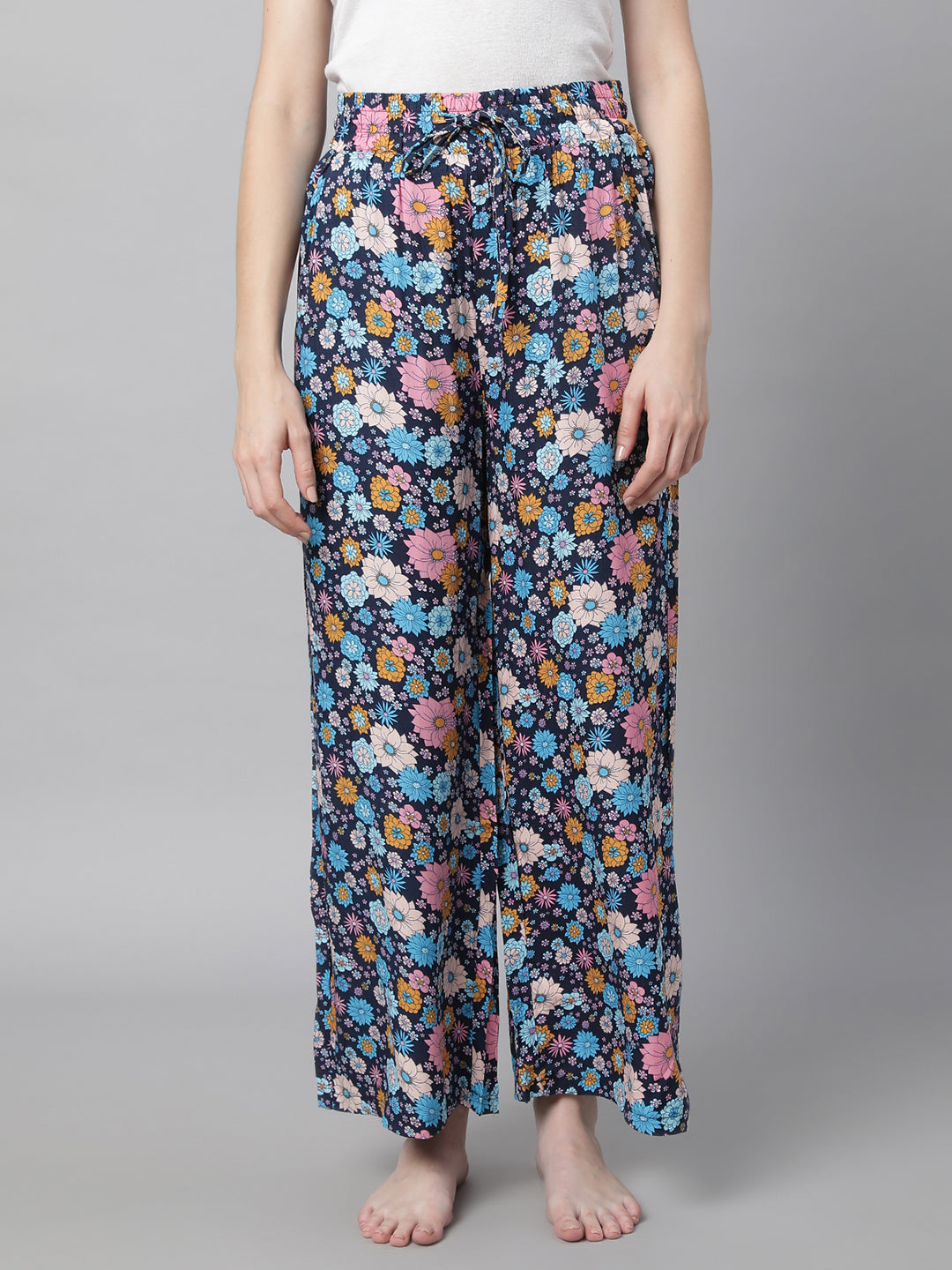 women navy blue rayon printed lower