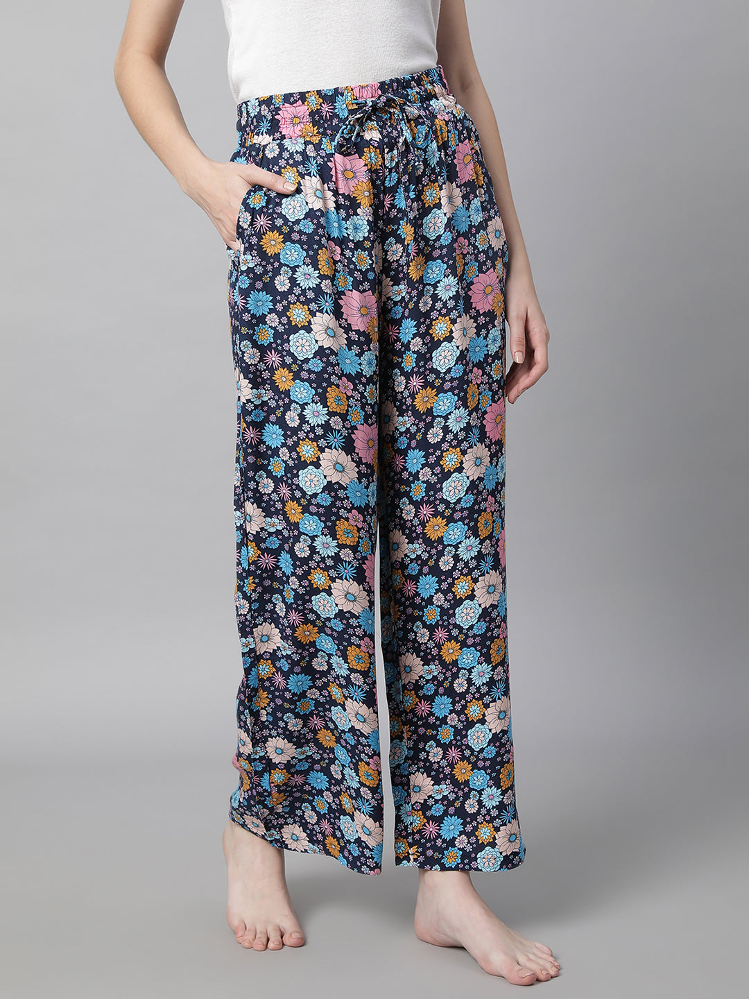 women navy blue rayon printed lower