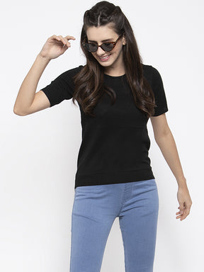 Women Solid Black Round Neck T-Shirt
