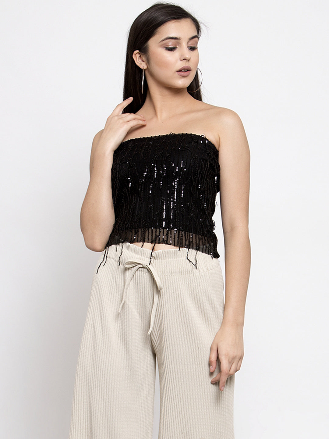 Women Embellished Black Strapless T-Shirt