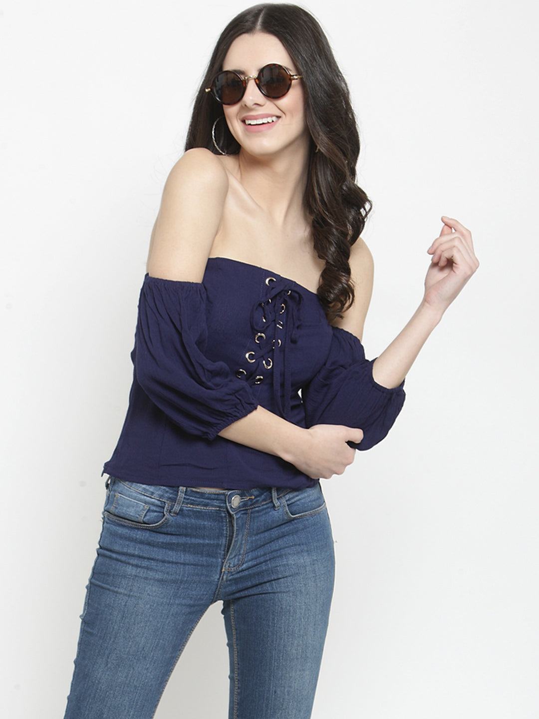 Women Navy Blue Solid Off Shoulder Fitted Tops