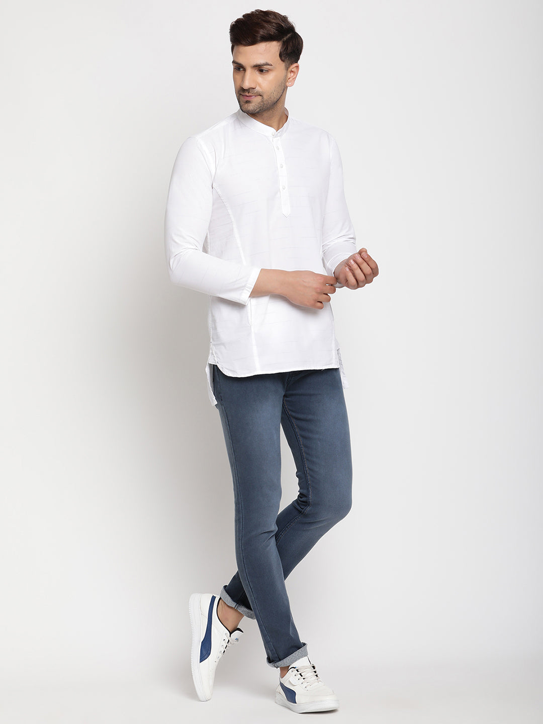 Men Straight-Fit Kurta Style White Cotton Shirt - Global Republic