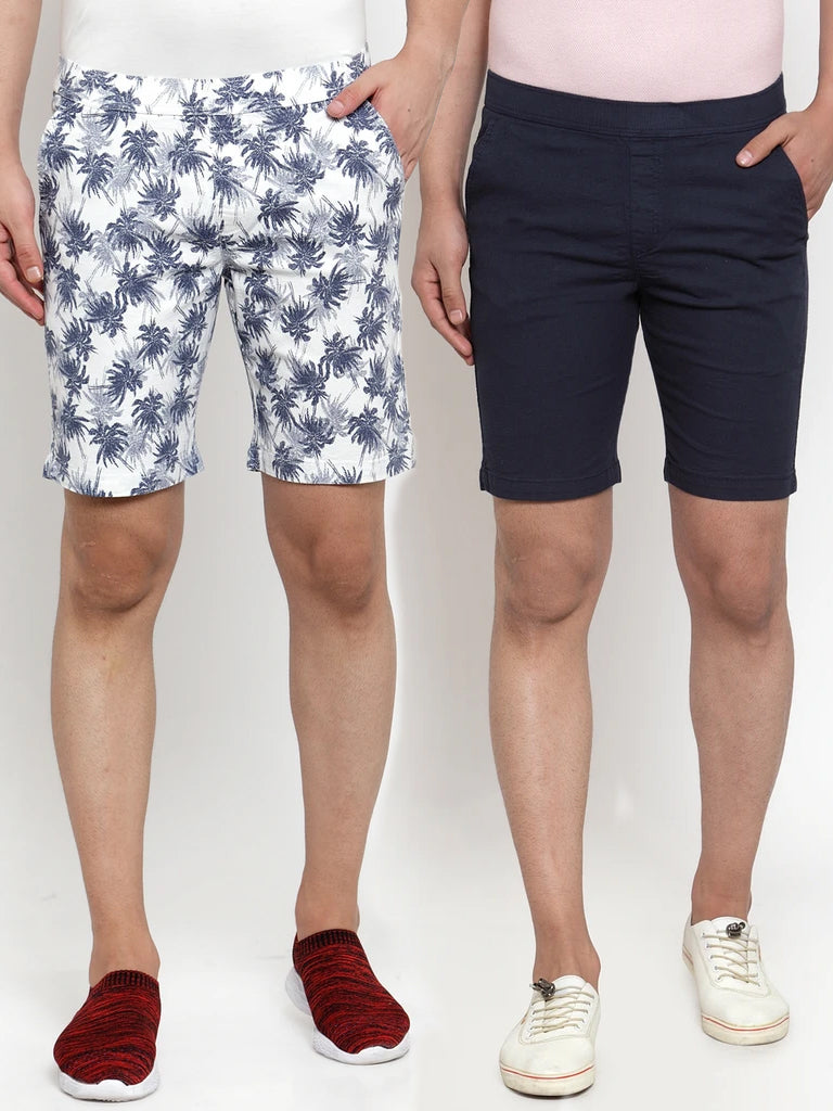 Mens Printed White And Plain Navy Blue Combo Of 2 Shorts