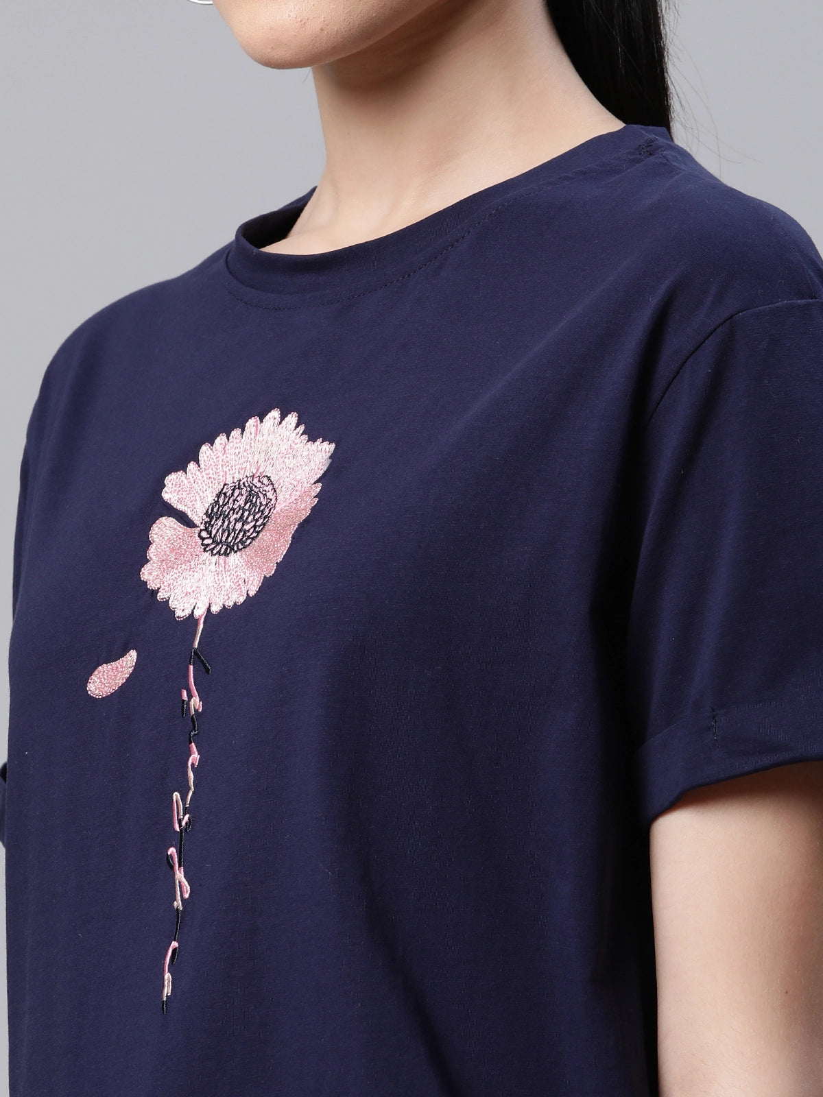 Women Embroidered Navy Blue Cotton Regular Fit Top - Global Republic