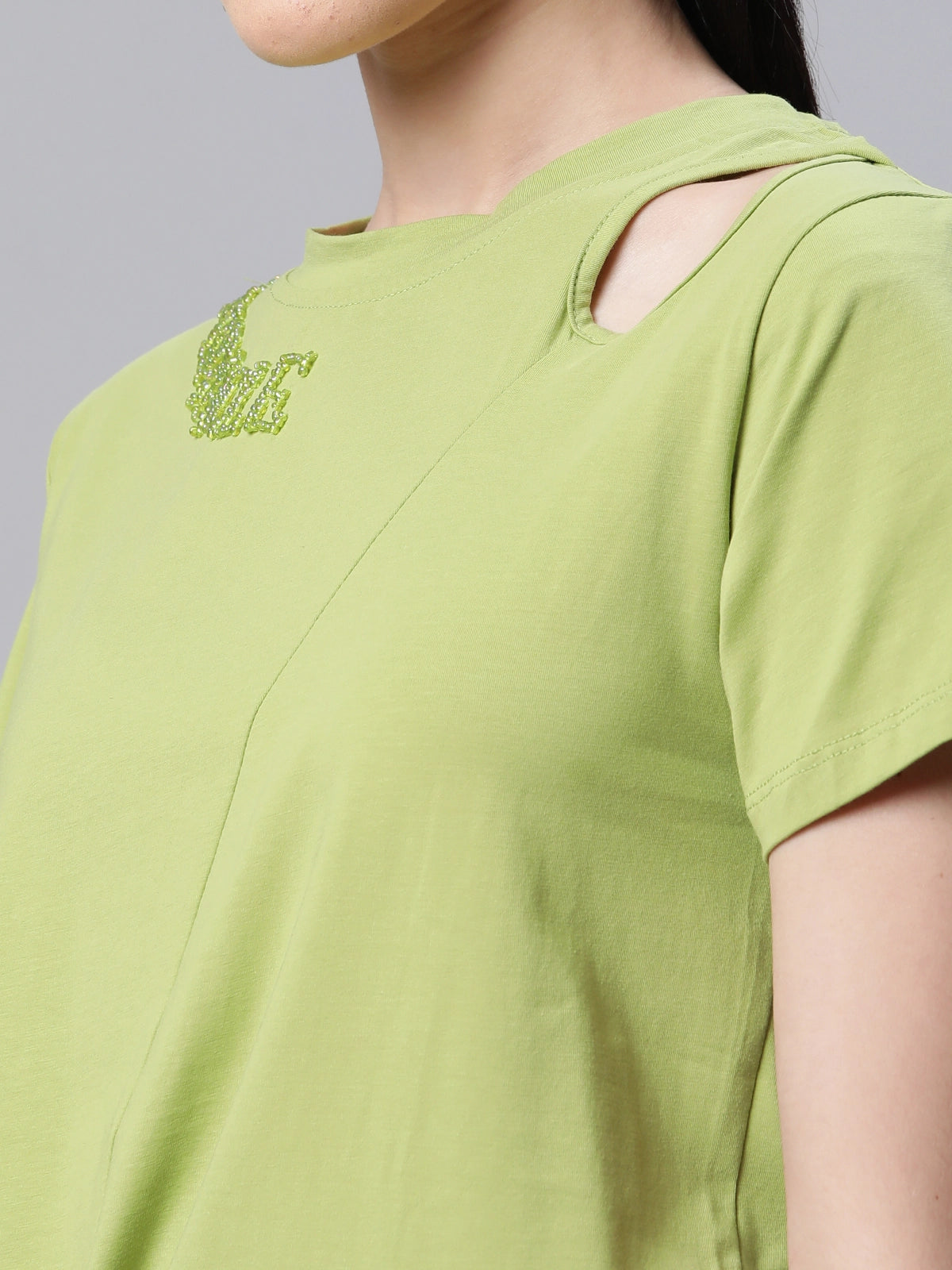Women Regular Fit Bead Embroidered Leaf Green Top - Global Republic