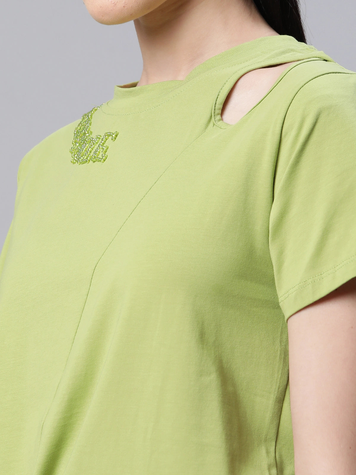 Women Regular Fit Bead Embroidered Green Top