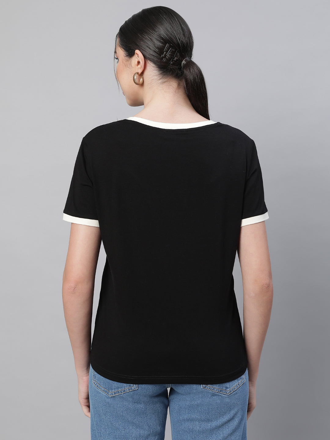 women black round neck solid top