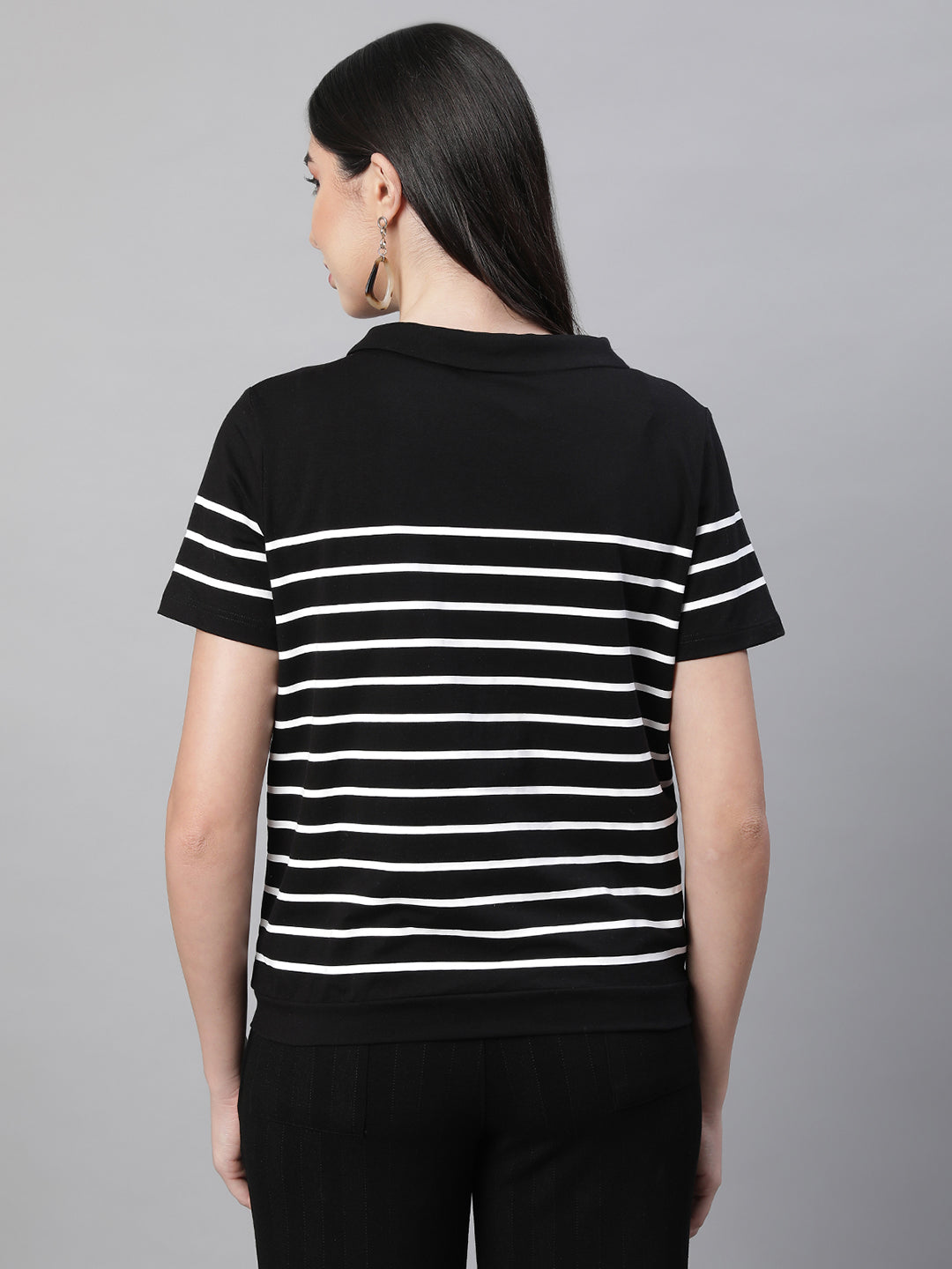 women black collar neck striped top